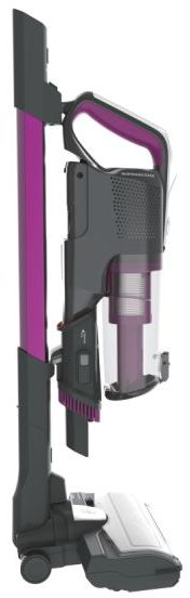 Un aspirateur sans fil violet et gris. Il est debout. Possède une brosse et un bac à poussière.