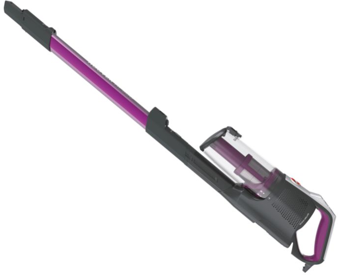 Un aspirateur sans fil, principalement violet et gris, sur fond blanc.