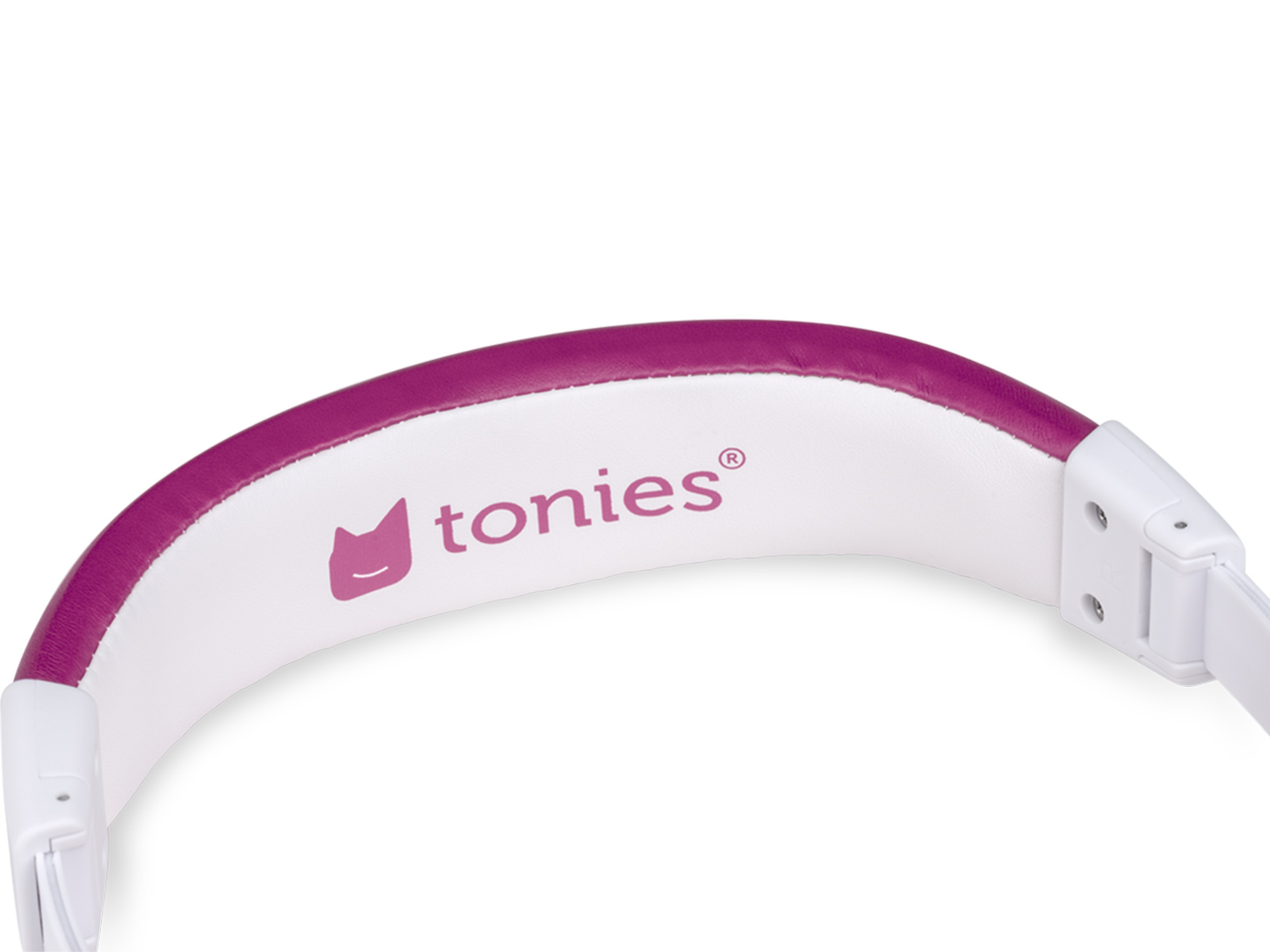 Weiße Kopfhörer mit magentafarbenem Kissen und der Marke tonies.