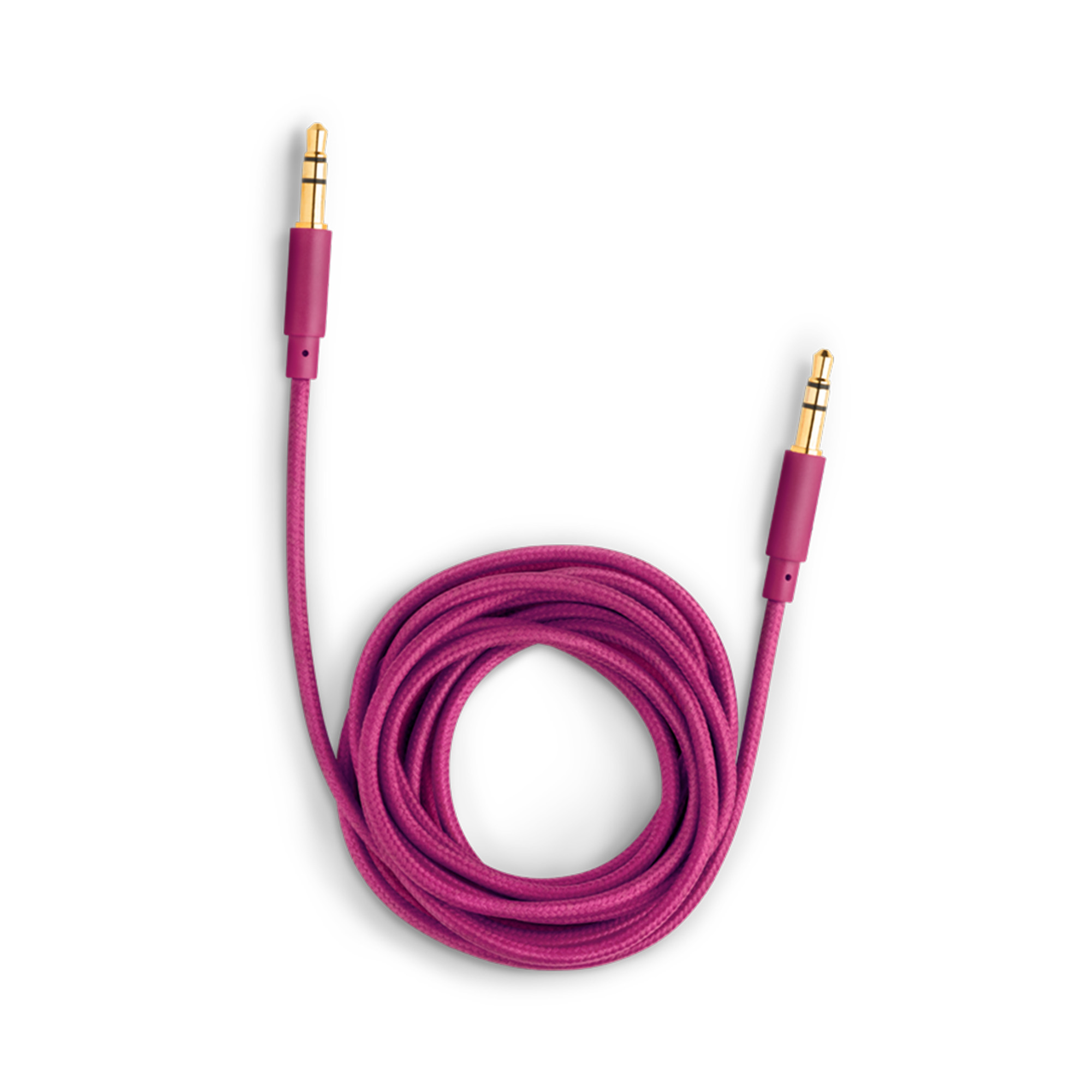 Ein pinkfarbenes Audiokabel, aufgerollt. Goldfarbene Stecker an jedem Ende.