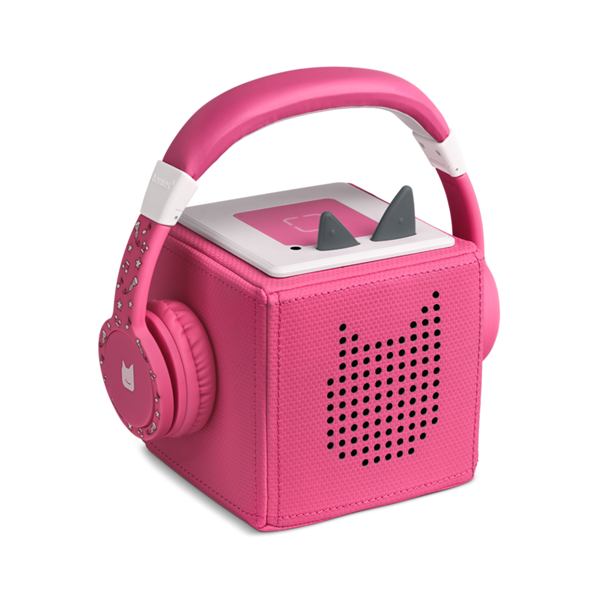 Rosa Kinder-Audioplayer mit Kopfhörern.