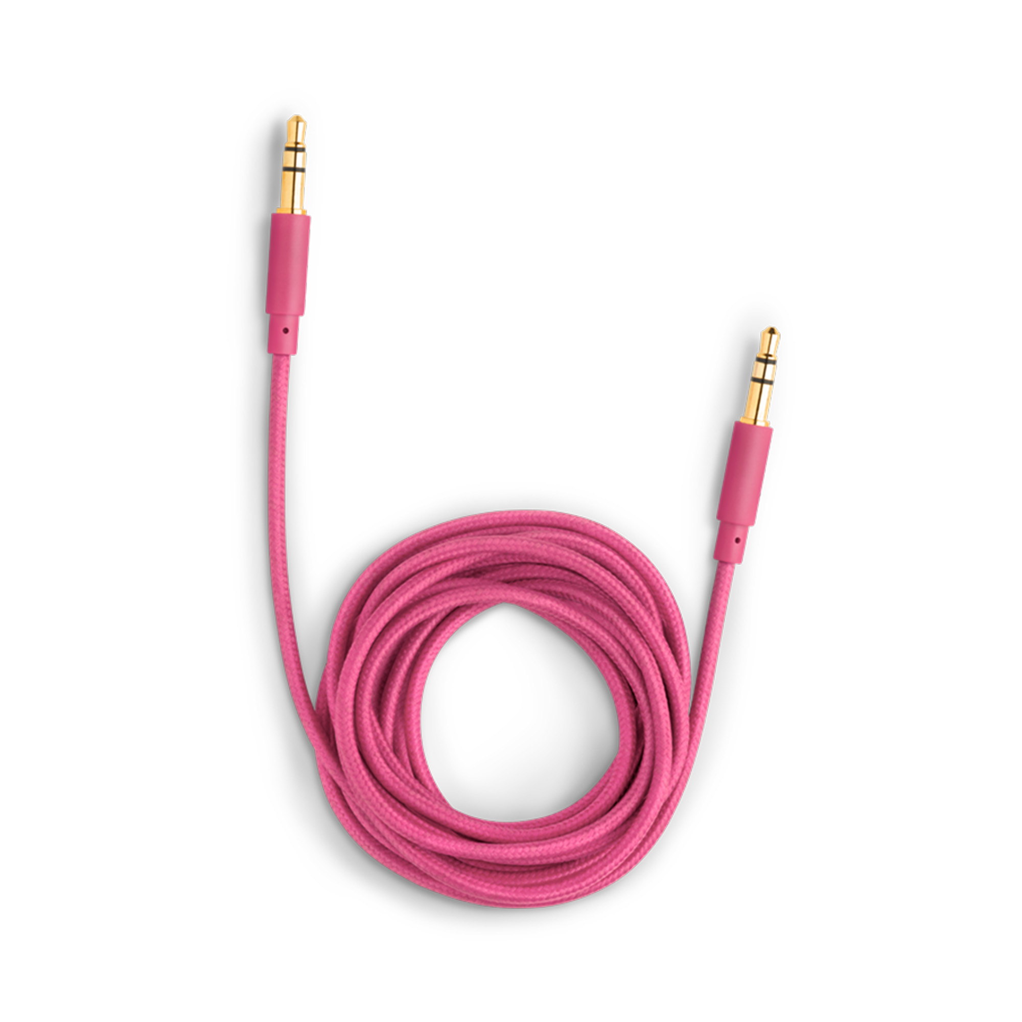 Aufgerolltes rosa Audiokabel mit goldenen Steckern auf weißem Hintergrund.