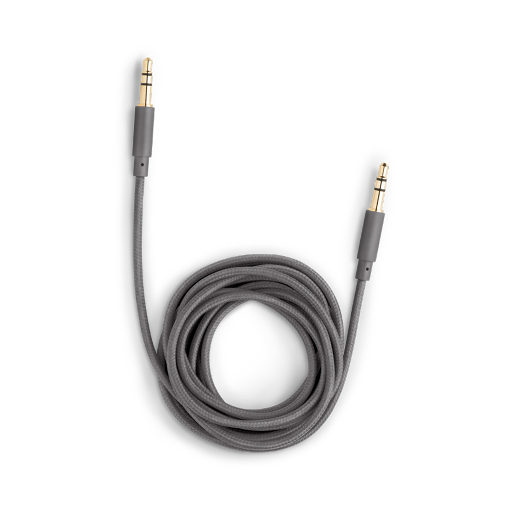 Graues Audiokabel mit Goldsteckern, auf weißem Hintergrund aufgerollt.