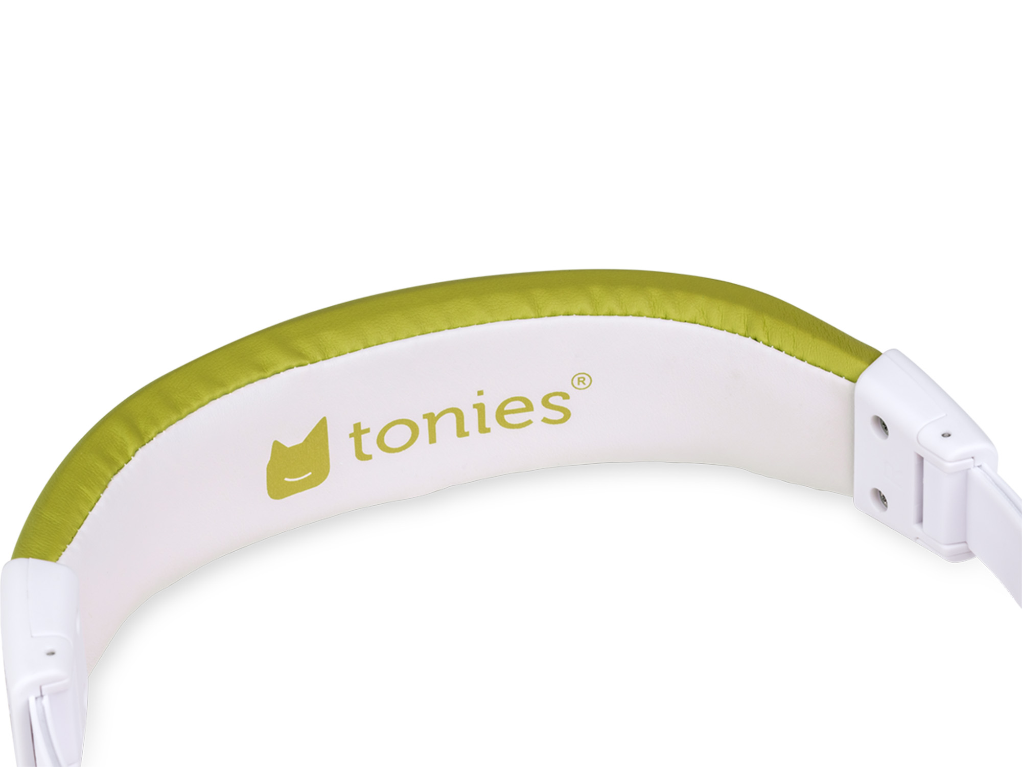 Grünes und weißes Kopfband von Kopfhörern mit dem Markennamen 'tonies'.