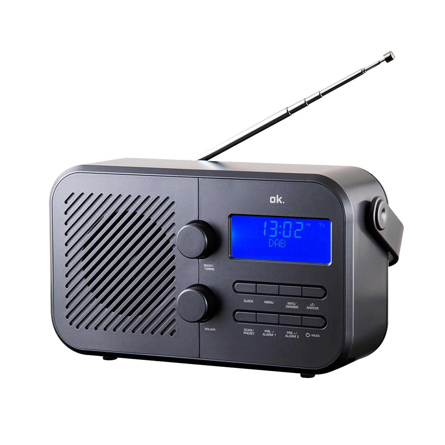 Zwarte DAB-radio met display met 13:02. Knoppen en toetsen zichtbaar, antenne uitgeschoven.