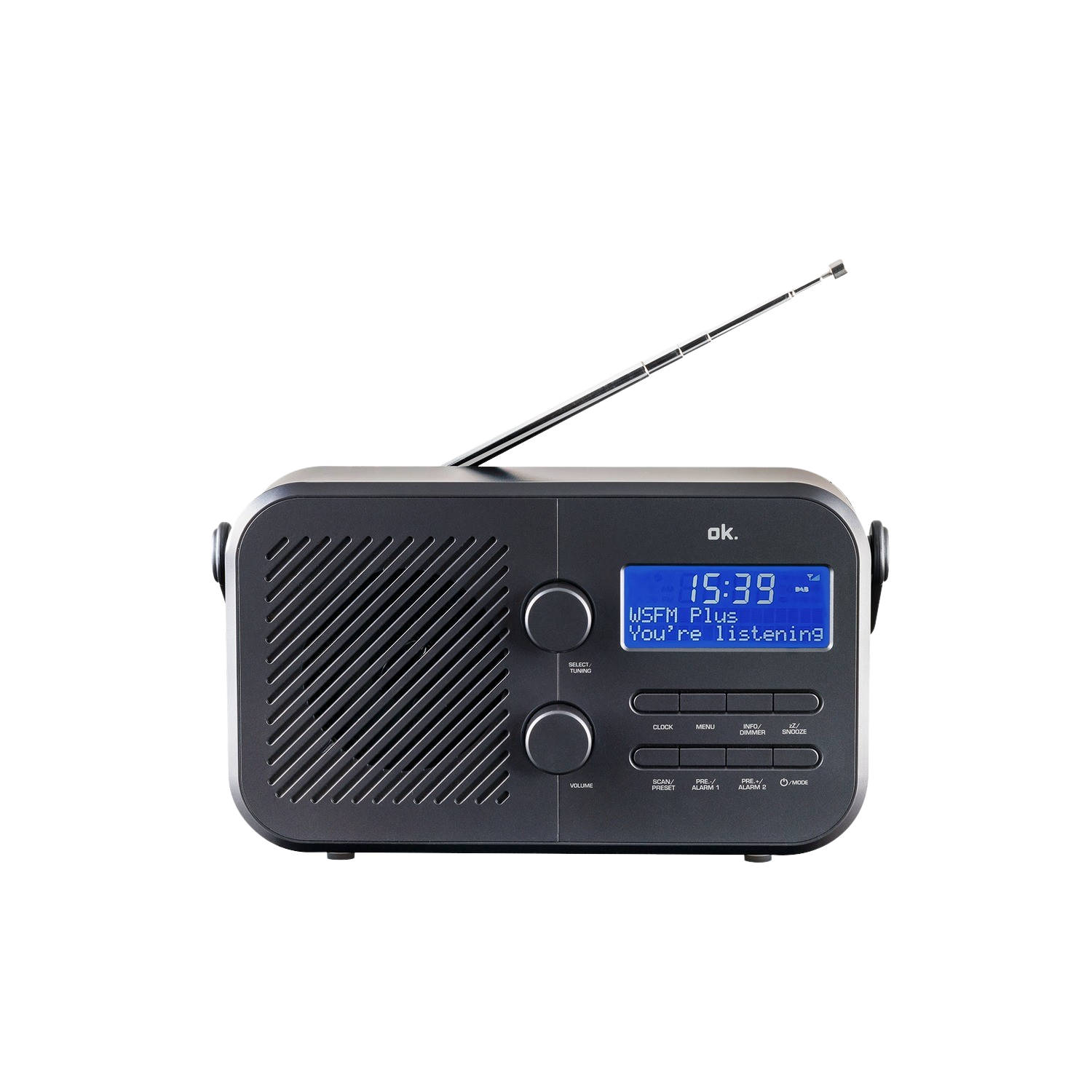 Zwarte radio met een scherm dat tijd en tekst weergeeft. Zwarte achtergrond, antenne omhoog.