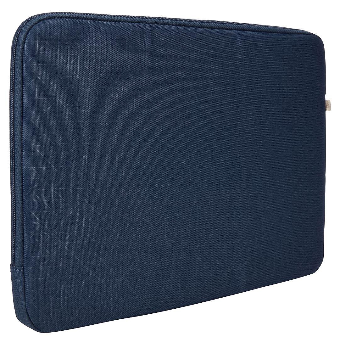 Sötétkék laptop tok varrott élekkel, cipzárral és texturált geometriai mintával.