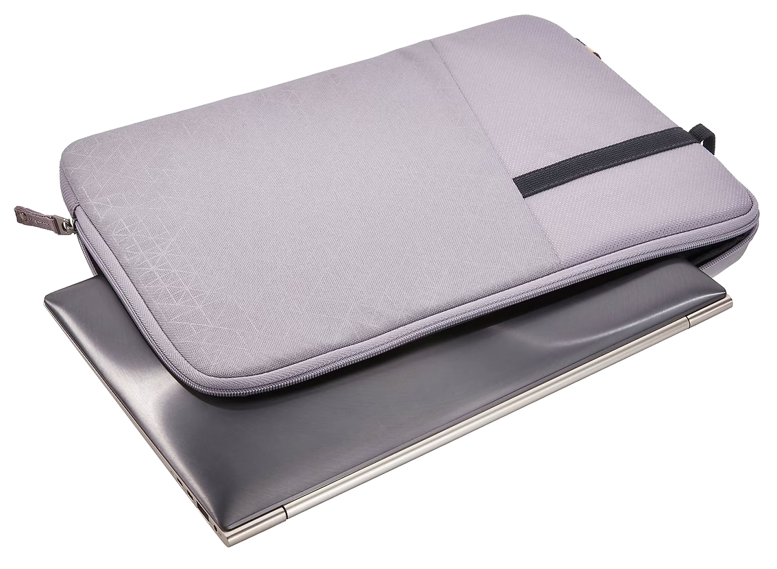 Szürke laptop tok, részben behelyezett laptop.