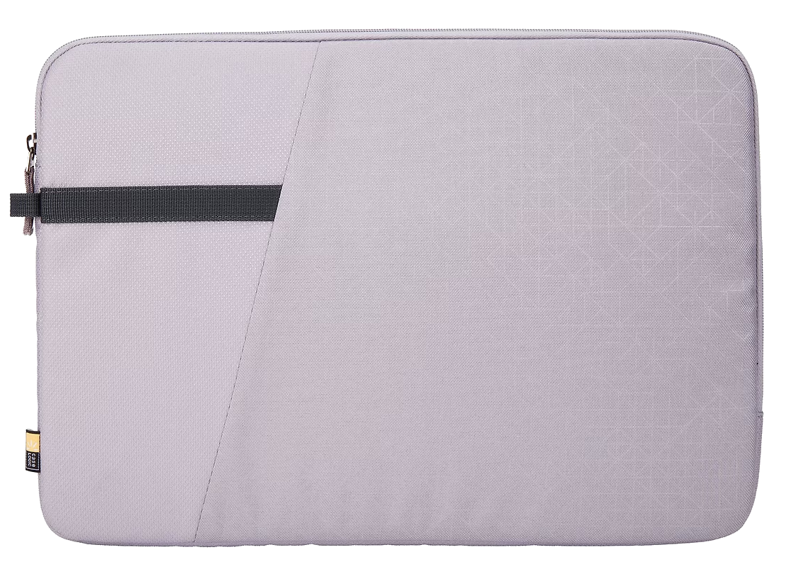 Laptop tok, világos lila színű, fekete pánttal és Case Logic címkével.