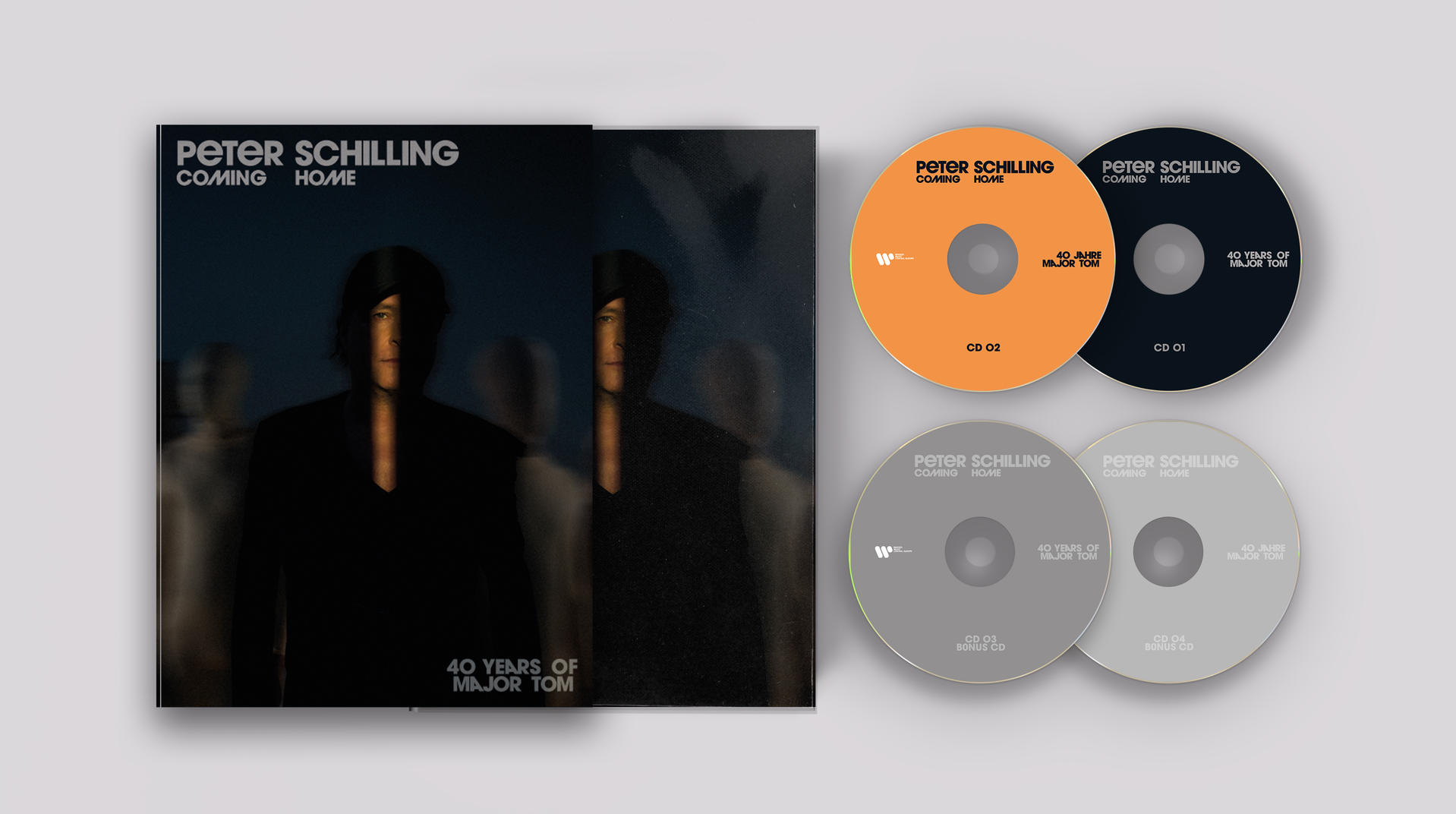 Peter Schillings 'Coming Home' CD-Albumcover und CDs, mit Porträt und Discs.
