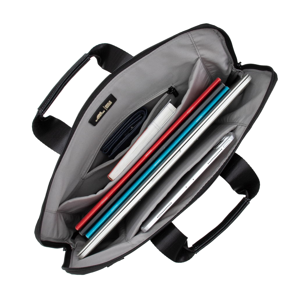 Nyitott táska laptop, pénztárca, könyvek és tablet belül, sötét háttérrel.