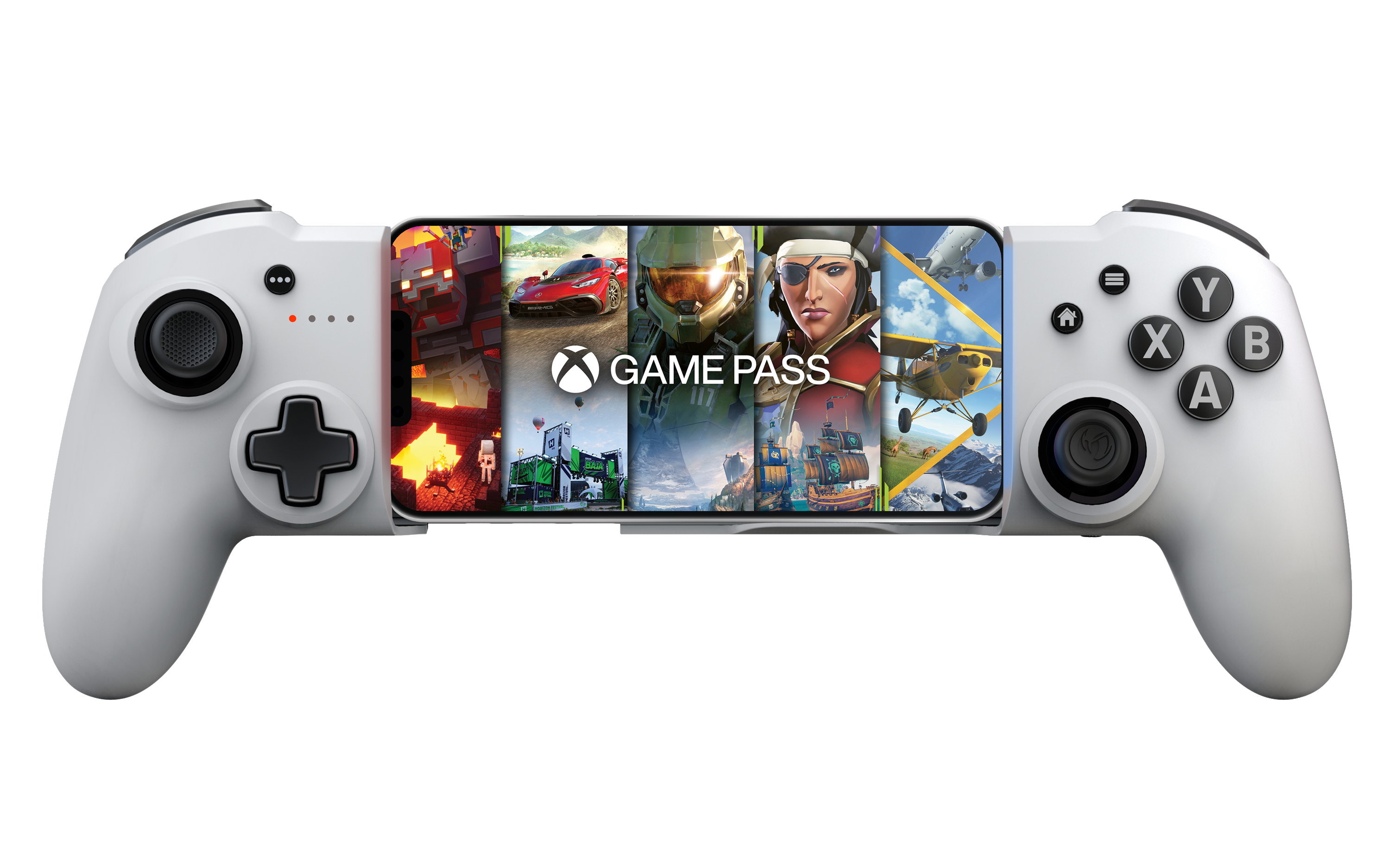 Weißer Gamecontroller mit Handy, das Xbox Game Pass-Spiele anzeigt. Knöpfe und Bedienelemente sind sichtbar.