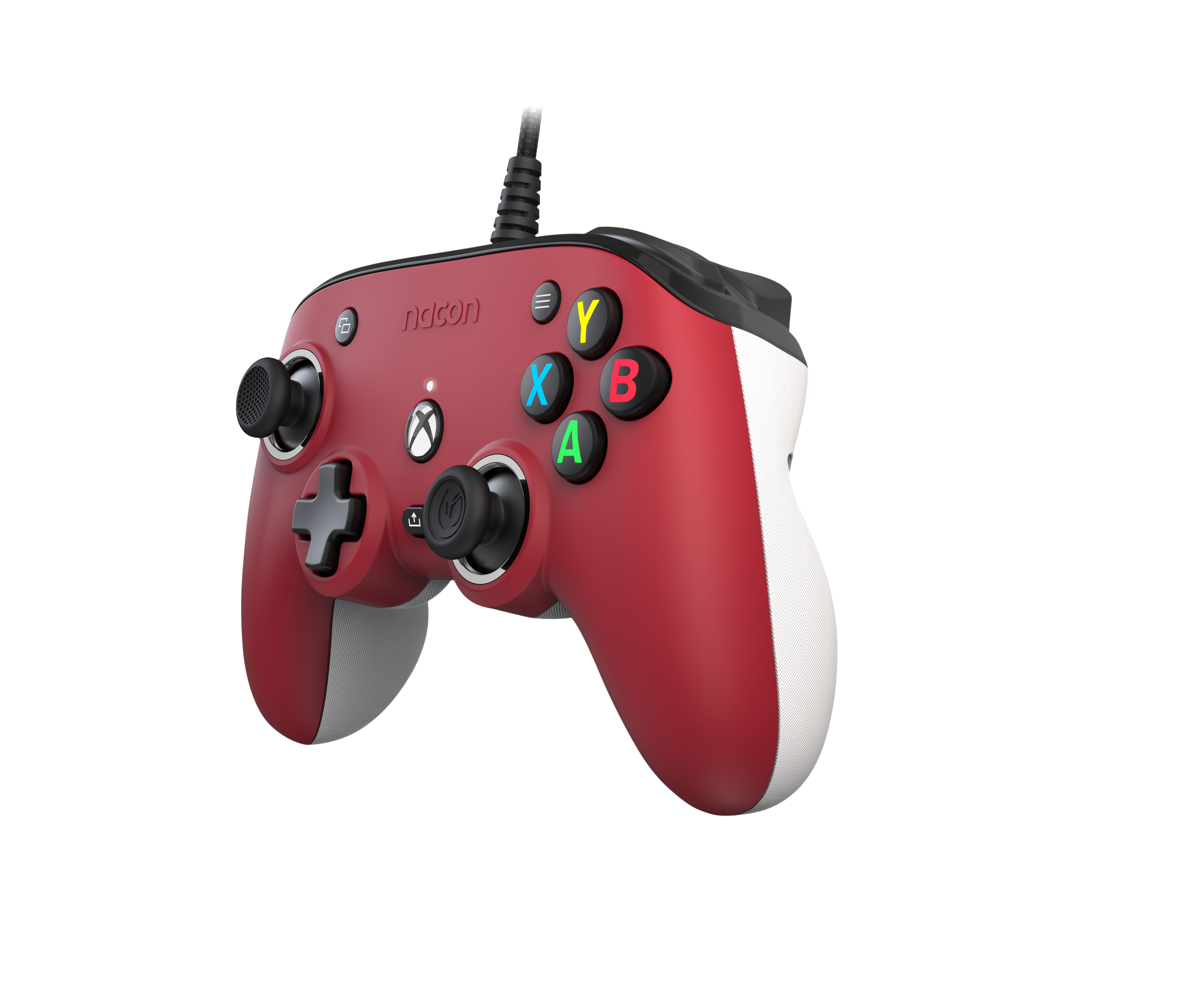 Ein roter und weißer Nacon Xbox-Controller, mit sichtbaren Tasten und Joysticks.