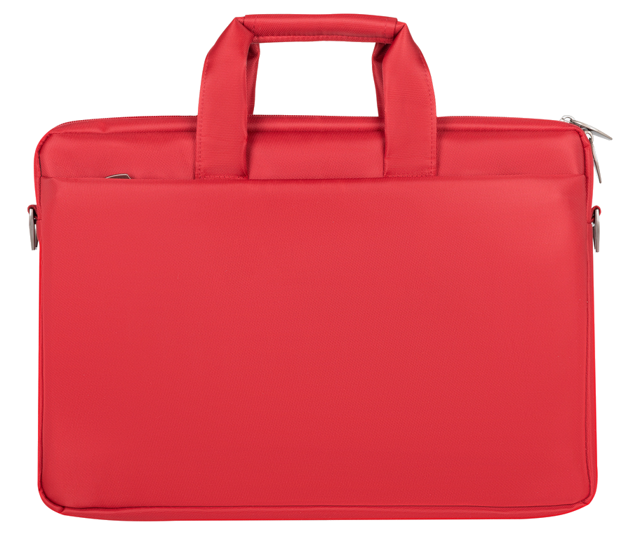Piros laptop táska cipzárral és fogantyúkkal, fekete háttér.