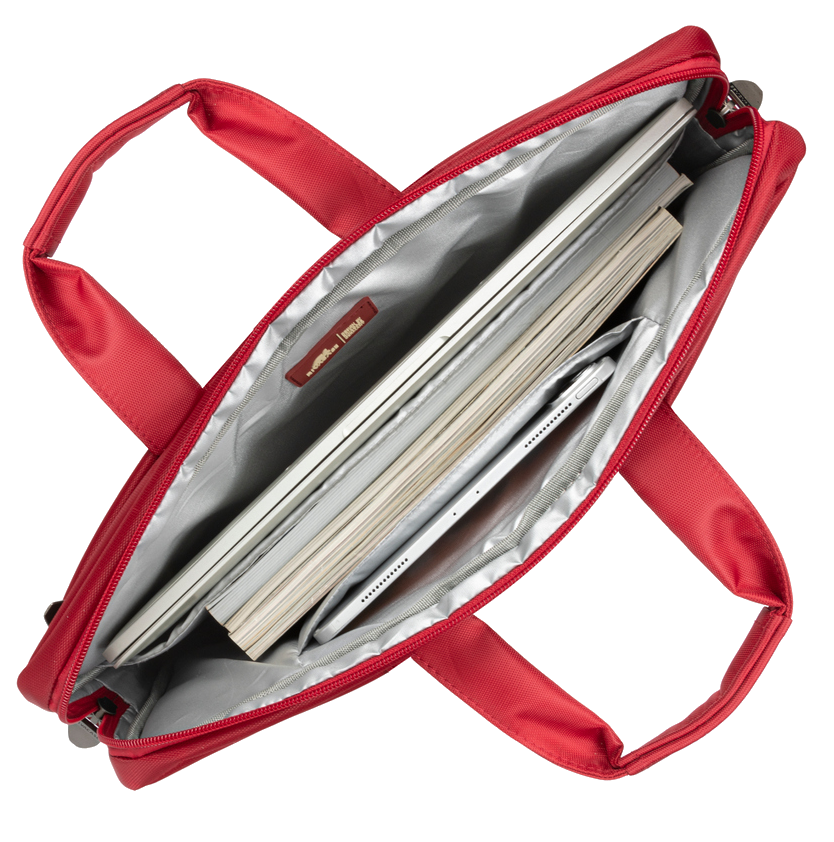 Piros laptop táska nyitva, laptopot, tabletet és könyveket mutatva.