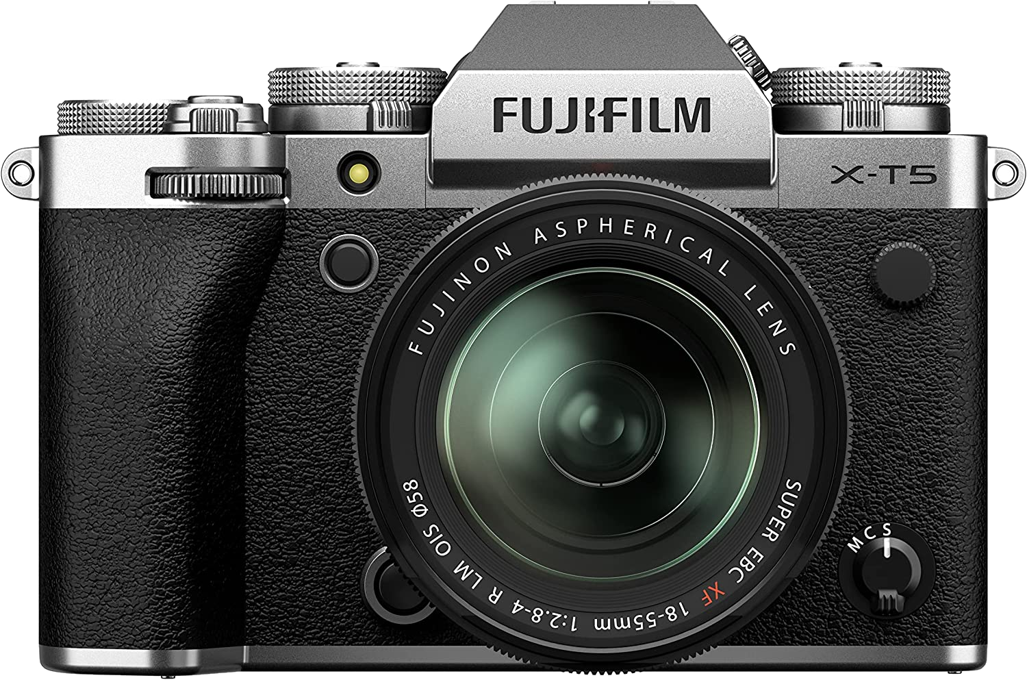 Silberne und schwarze Fujifilm-Kamera mit Objektiv, schwarzer Hintergrund.