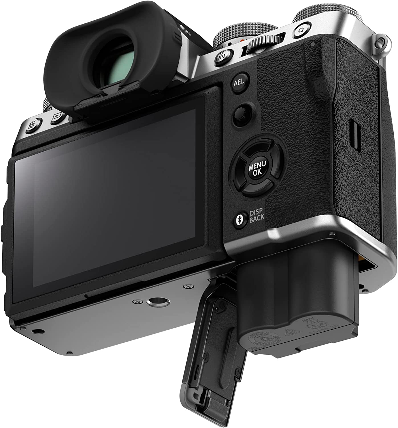 Rückansicht einer schwarzen Fujifilm X-T5 Kamera. Der Bildschirm ist sichtbar, ebenso wie das Batteriefach.