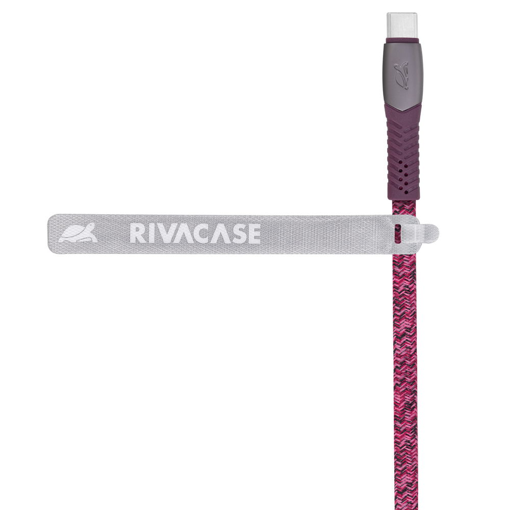Rózsaszín-fekete fonott USB-C kábel Rivacase felirattal.