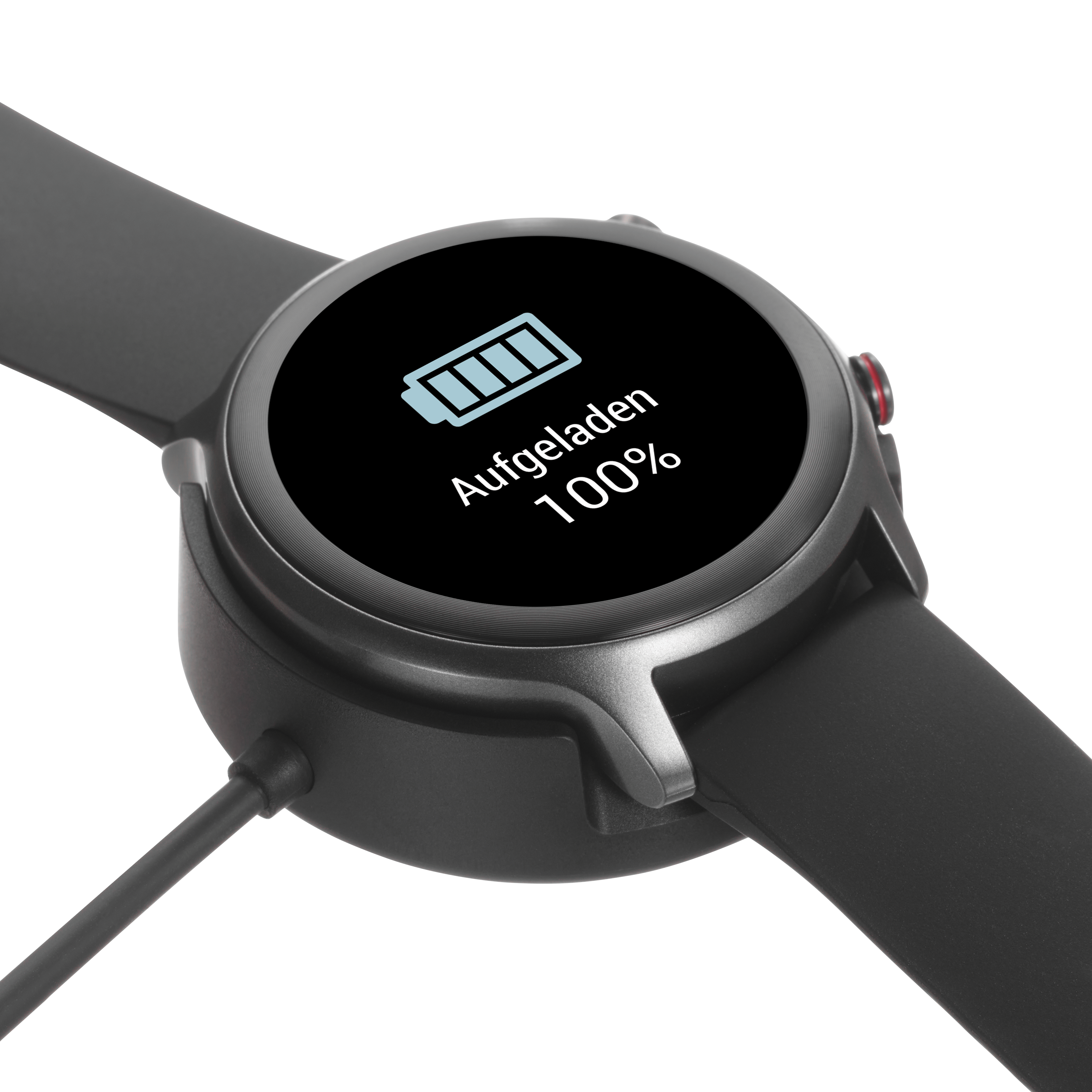 Smartwatch wird geladen, zeigt 100 % volle Batterie an. Schwarze Uhr auf einem Ladegerät.