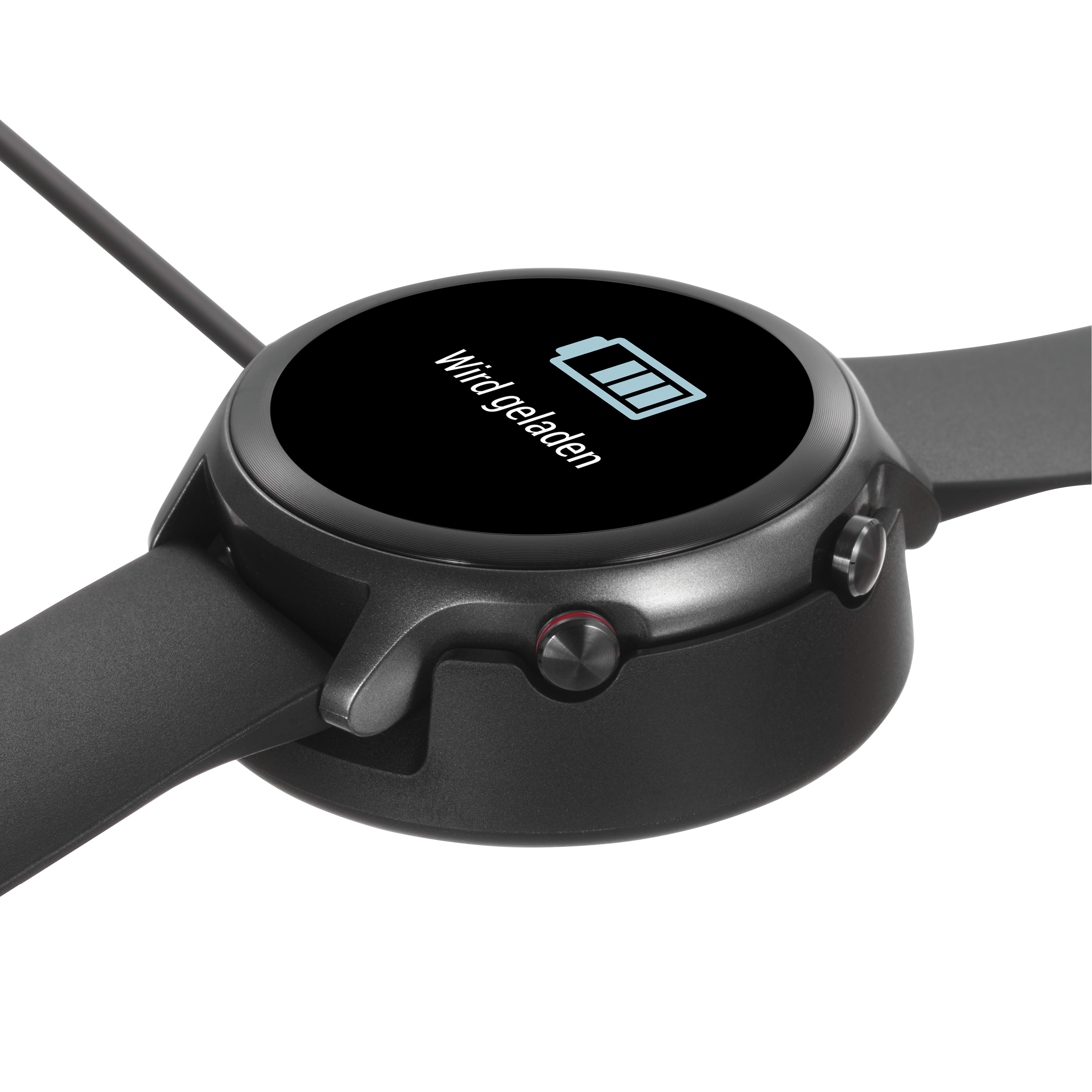 Eine schwarze Smartwatch auf einer Ladestation. Der Bildschirm zeigt ein Batteriesymbol und den Text „Wir geladen“.