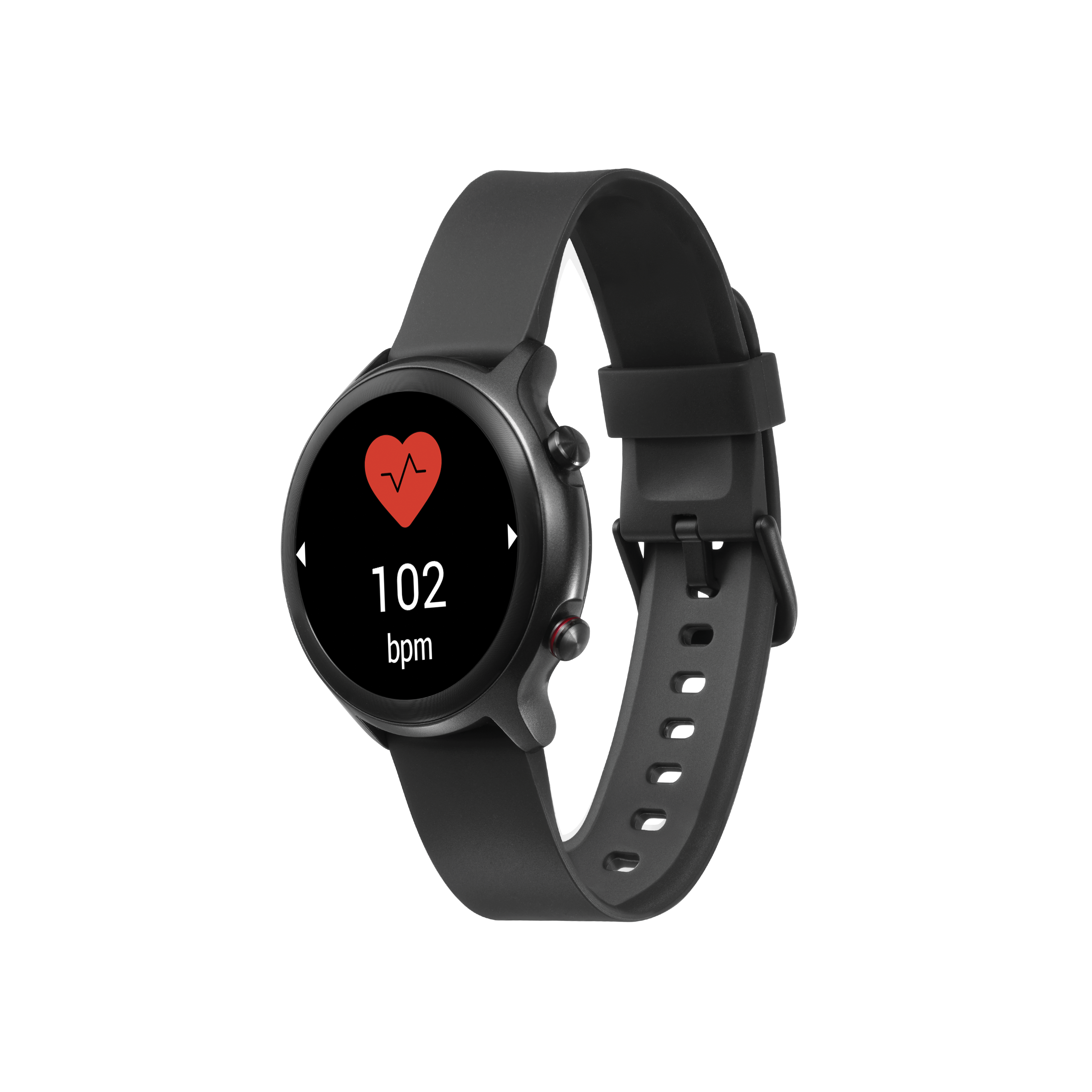 Schwarze Smartwatch mit rotem Herzsymbol und 102 bpm Anzeige.