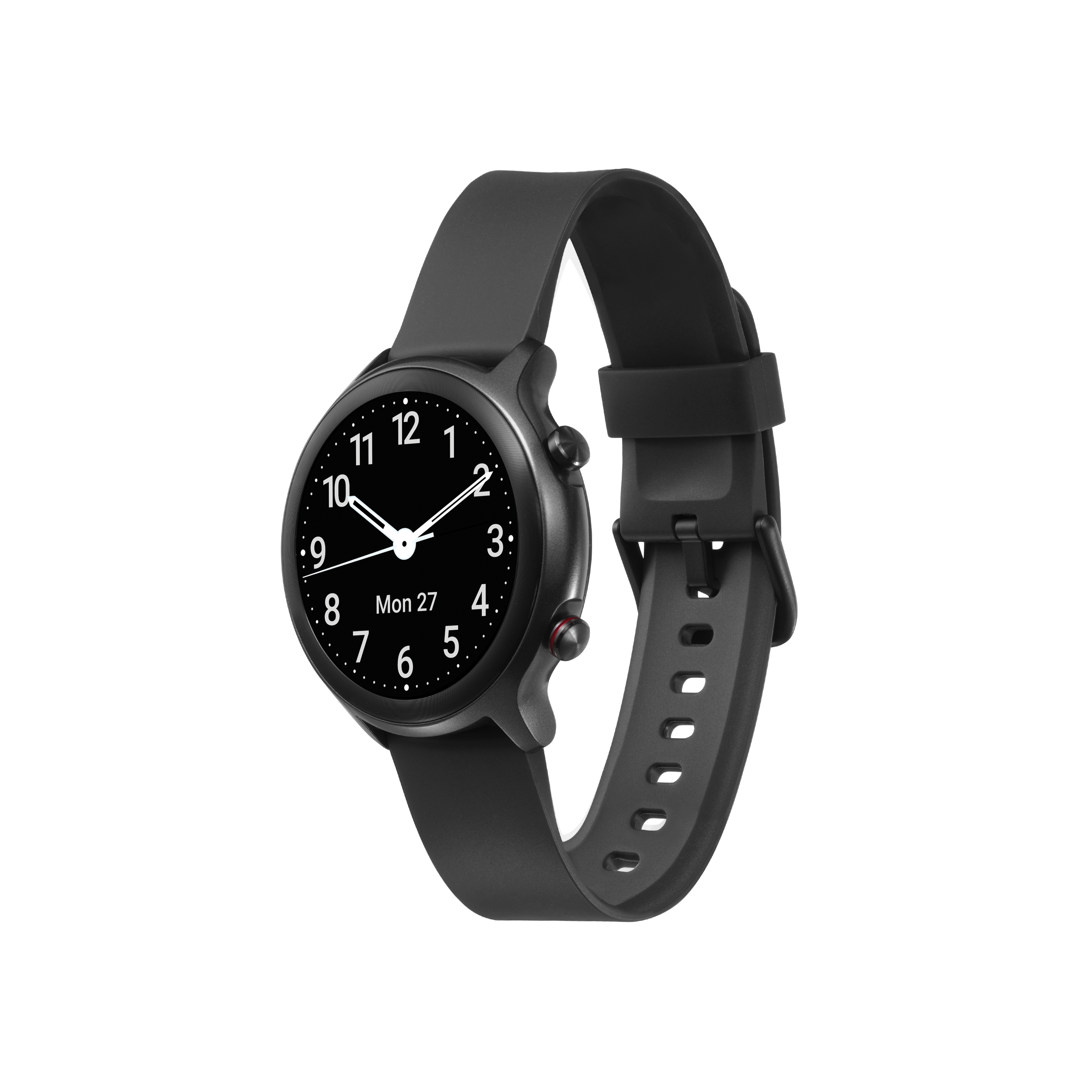Eine schwarze Smartwatch mit schwarzem Armband, zeigt Datum und Uhrzeit, Mo 27, 10:08.