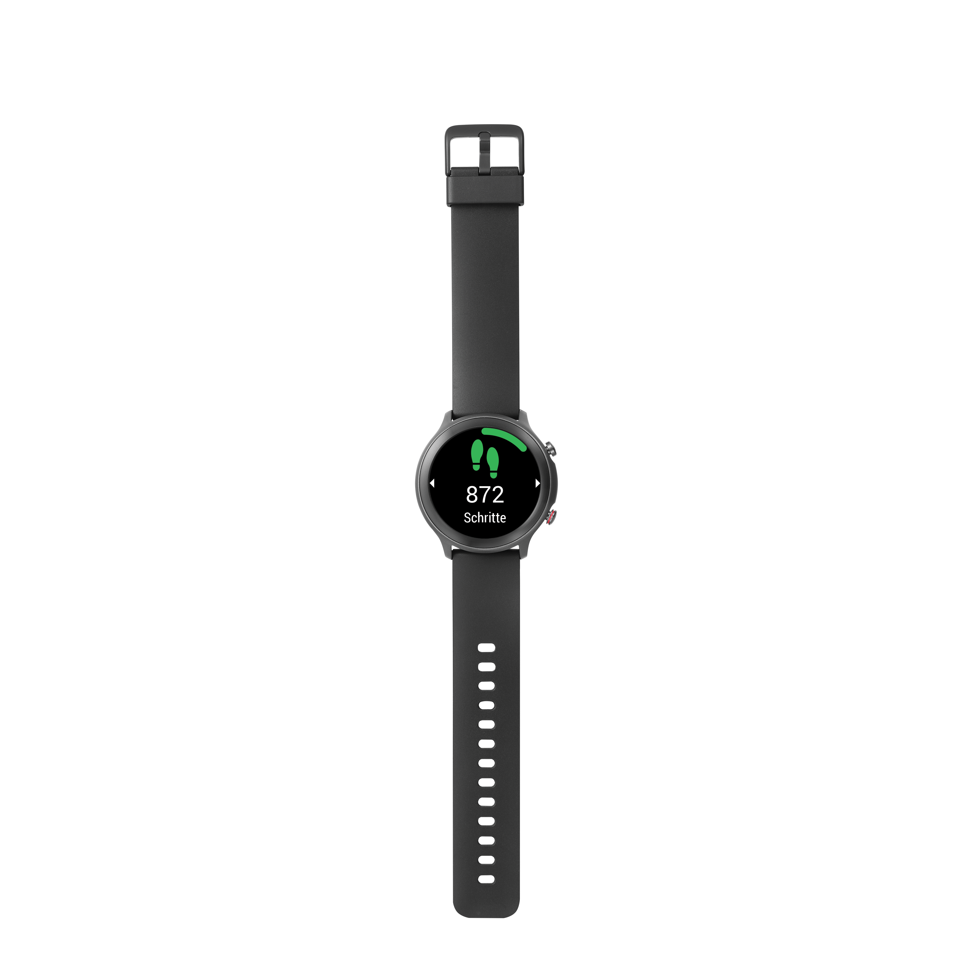 Schwarze Smartwatch, die Schritte auf schwarzem Hintergrund anzeigt.