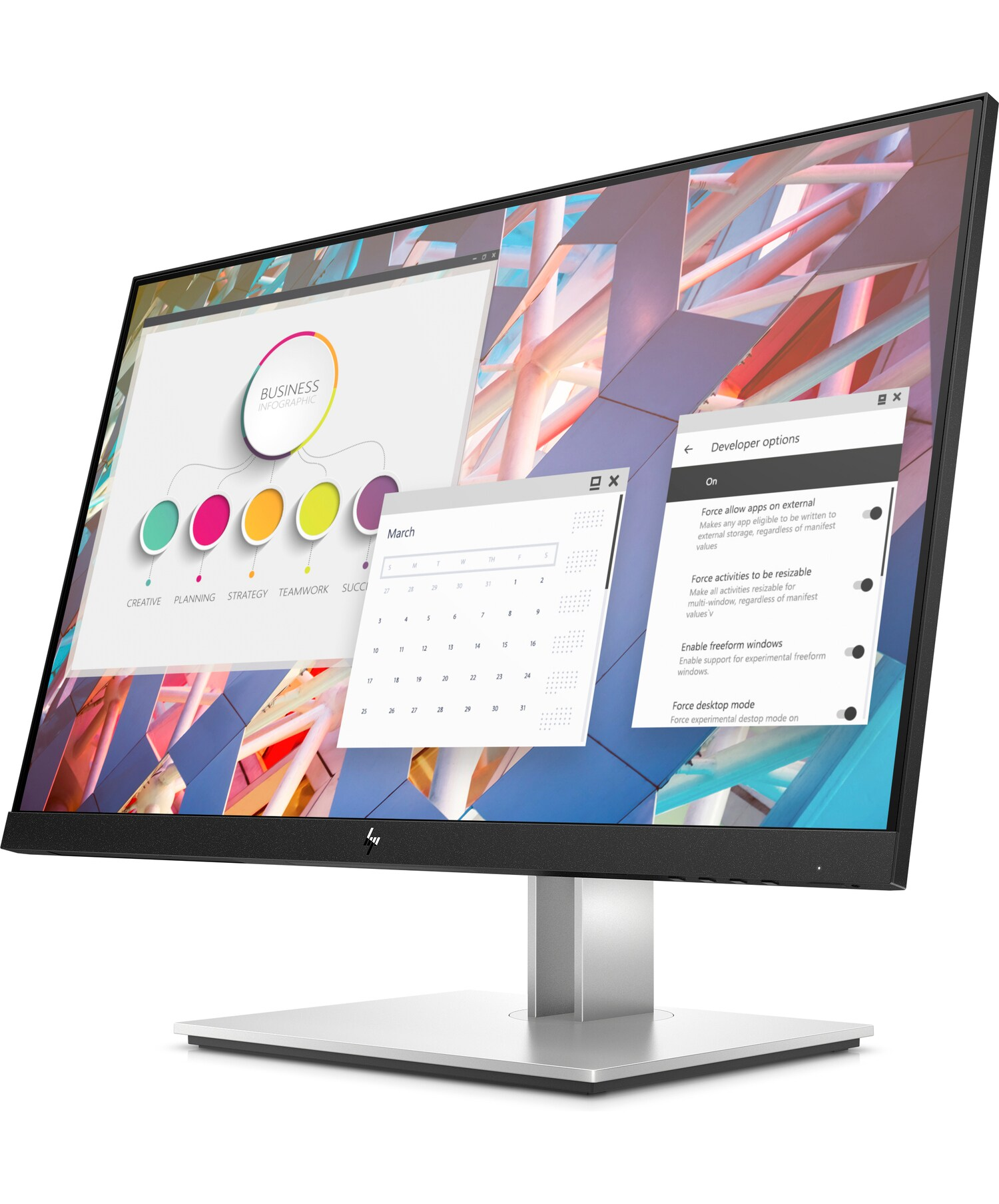 Un monitor de computadora que muestra un calendario y otras ventanas. Soporte plateado. Bisel negro.