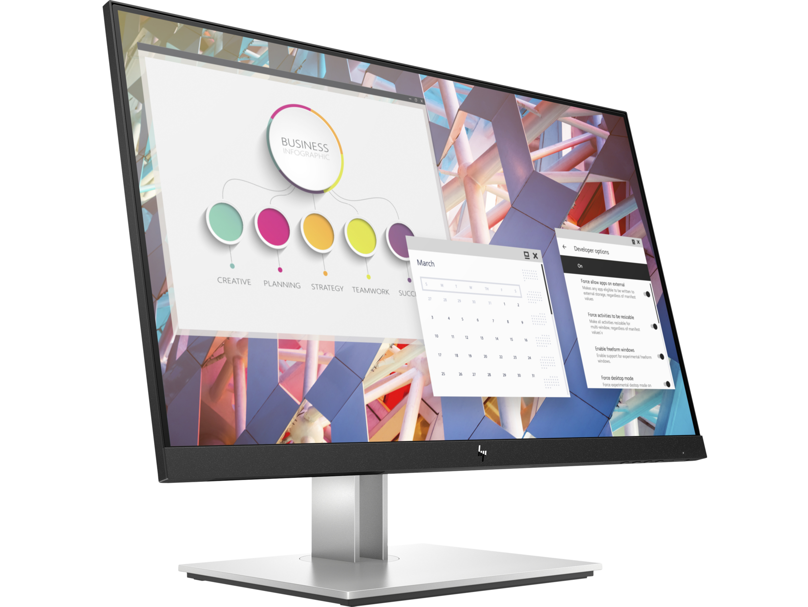 Monitor de computadora mostrando infografía de negocios y calendario, con soporte.