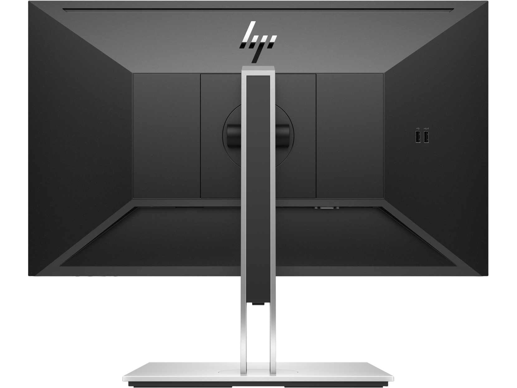 La parte trasera de un monitor de ordenador negro, con el logotipo de HP y el soporte visibles.