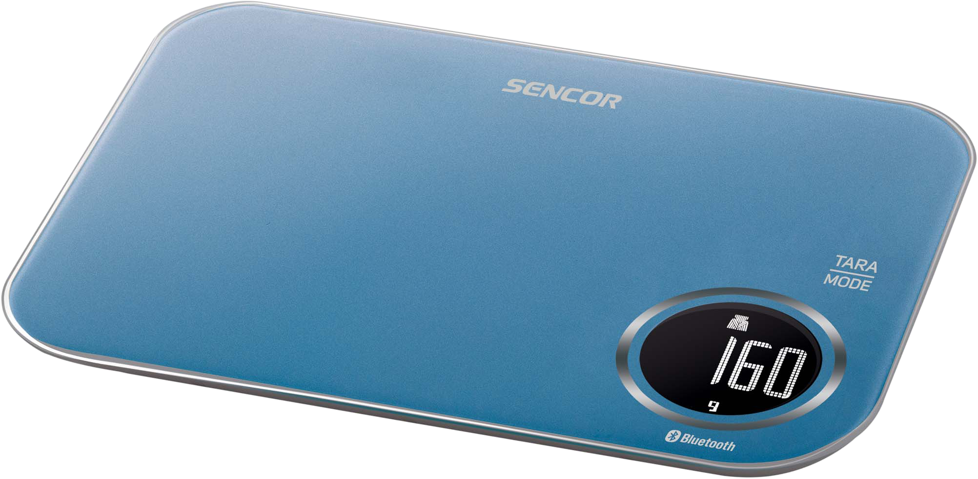 Egy kék digitális mérleg, kerek kijelzővel, amely 160-at és egy Bluetooth logót mutat. Felül a SENCOR felirat látható.