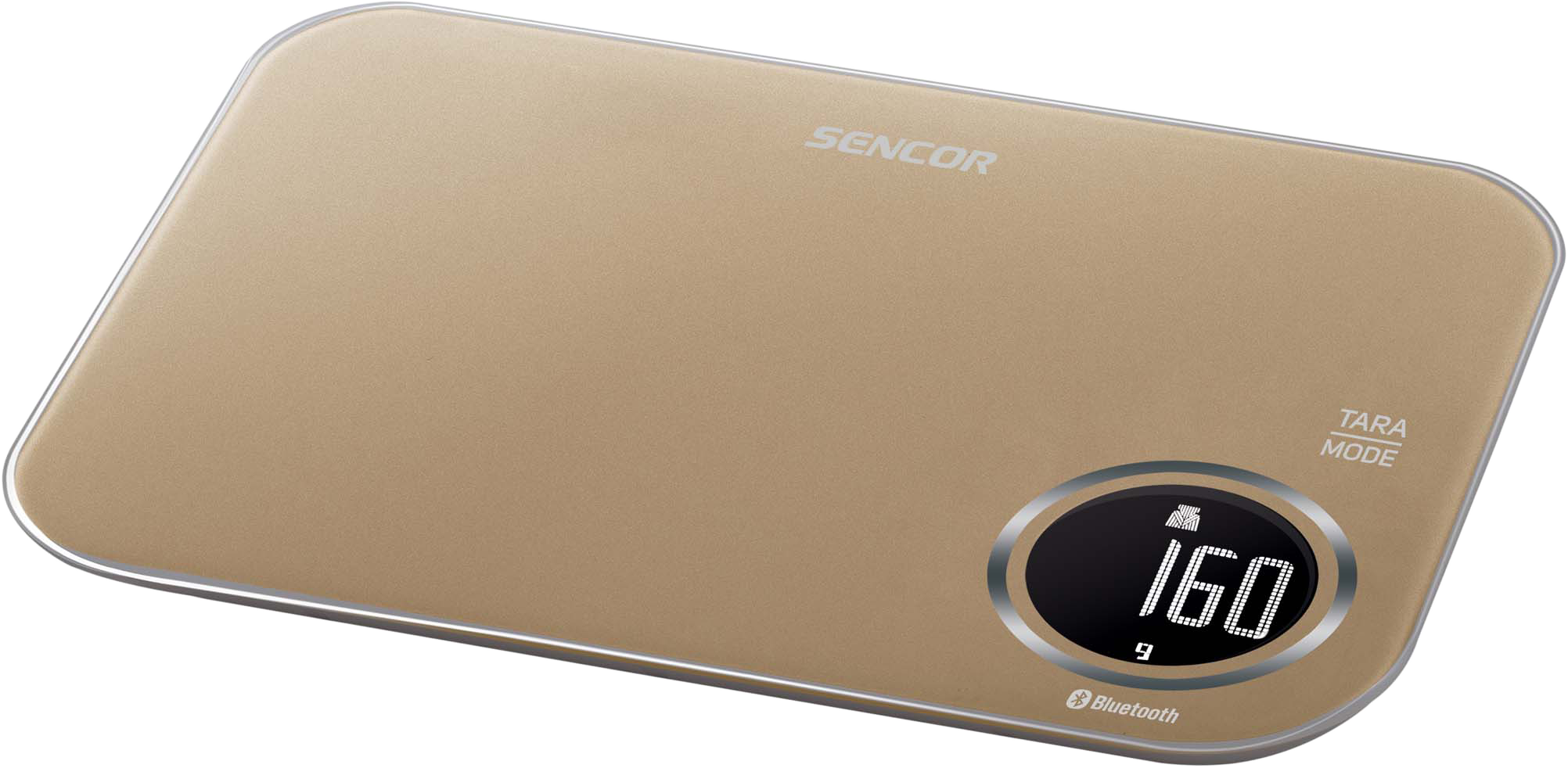 Arany digitális mérleg. Digitális kijelzővel és 'TARA MODE' gombbal rendelkezik. A Bluetooth logója látható.