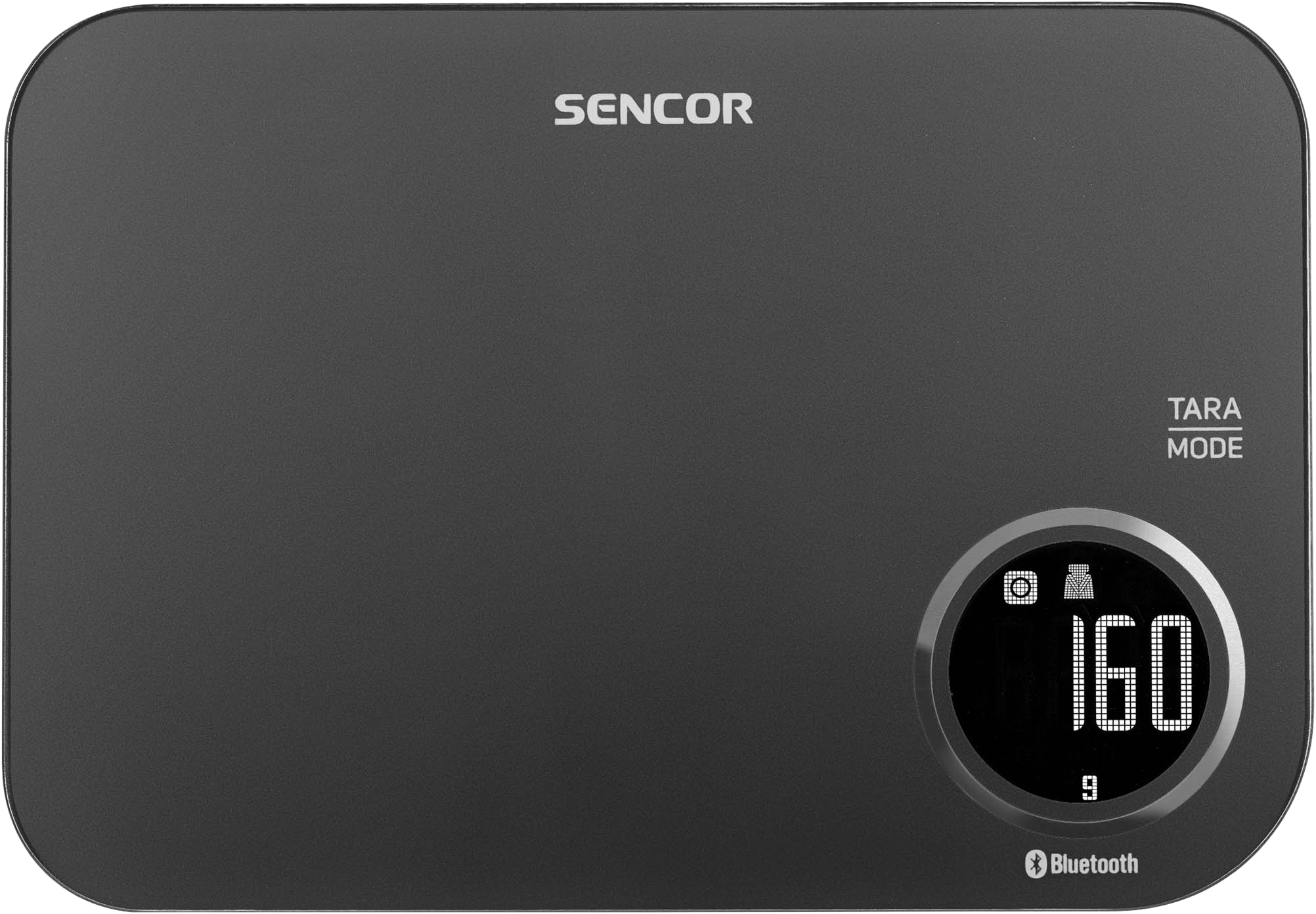 Egy sötétszürke Sencor digitális konyhai mérleg, amely egy 160-at és egy Bluetooth szimbólumot mutató kijelzővel rendelkezik.