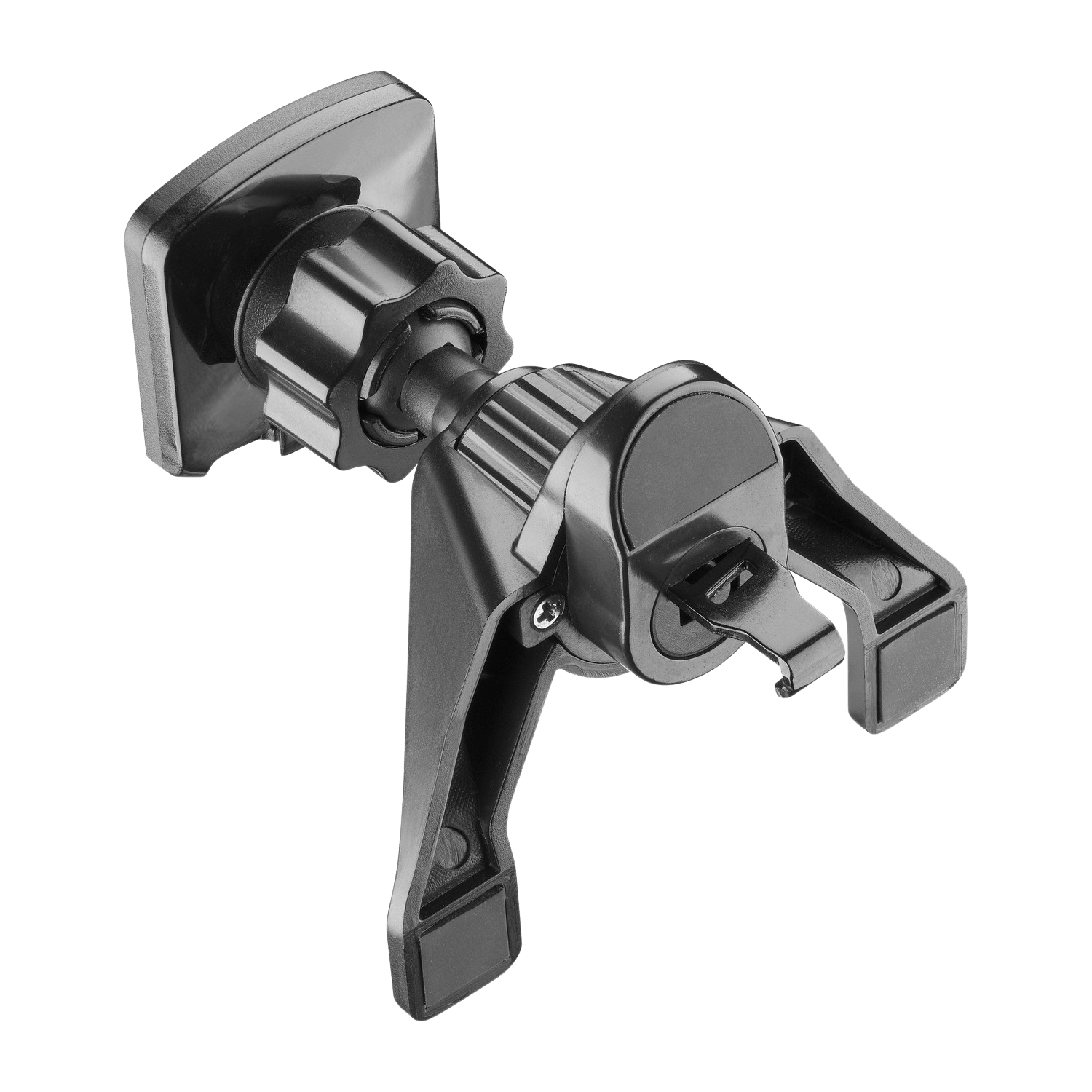 Black car phone holder with adjustable parts, isolated on a black background.