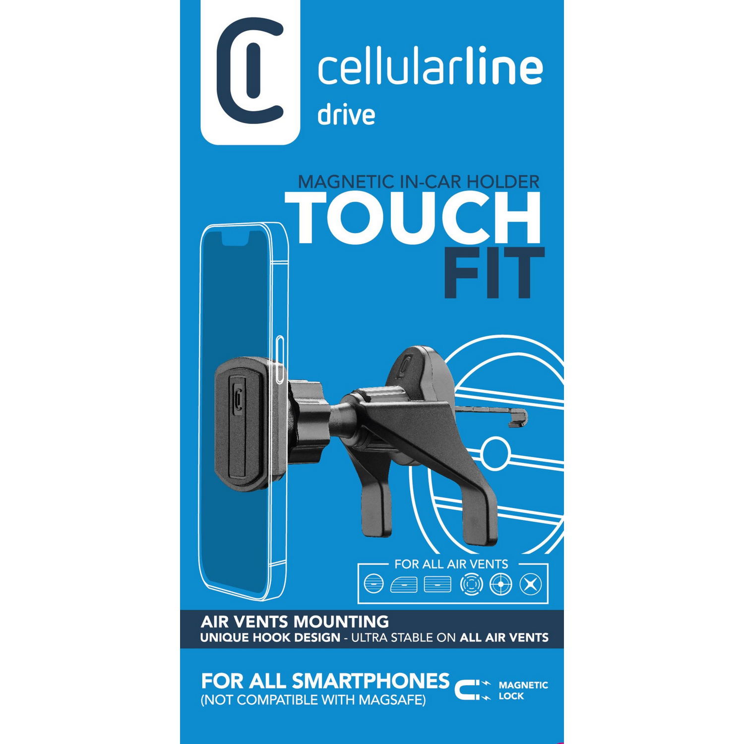 A product advertisement for a phone holder for a car with the text 'TOUCH FIT'.