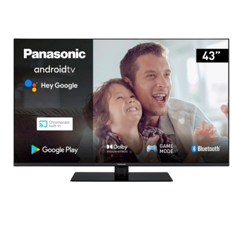 Un televisor Android Panasonic de 43", con un hombre y un niño en la imagen.