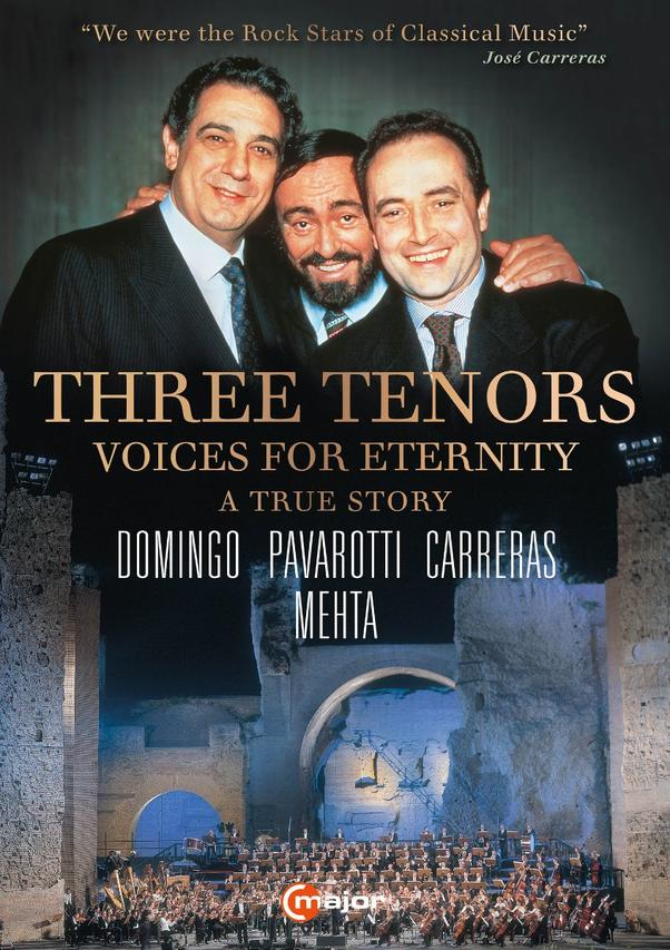 Three Tenors-Albumcover mit Domingo, Pavarotti und Carreras. Der Titel steht in großen Buchstaben, mit einer Konzszene.
