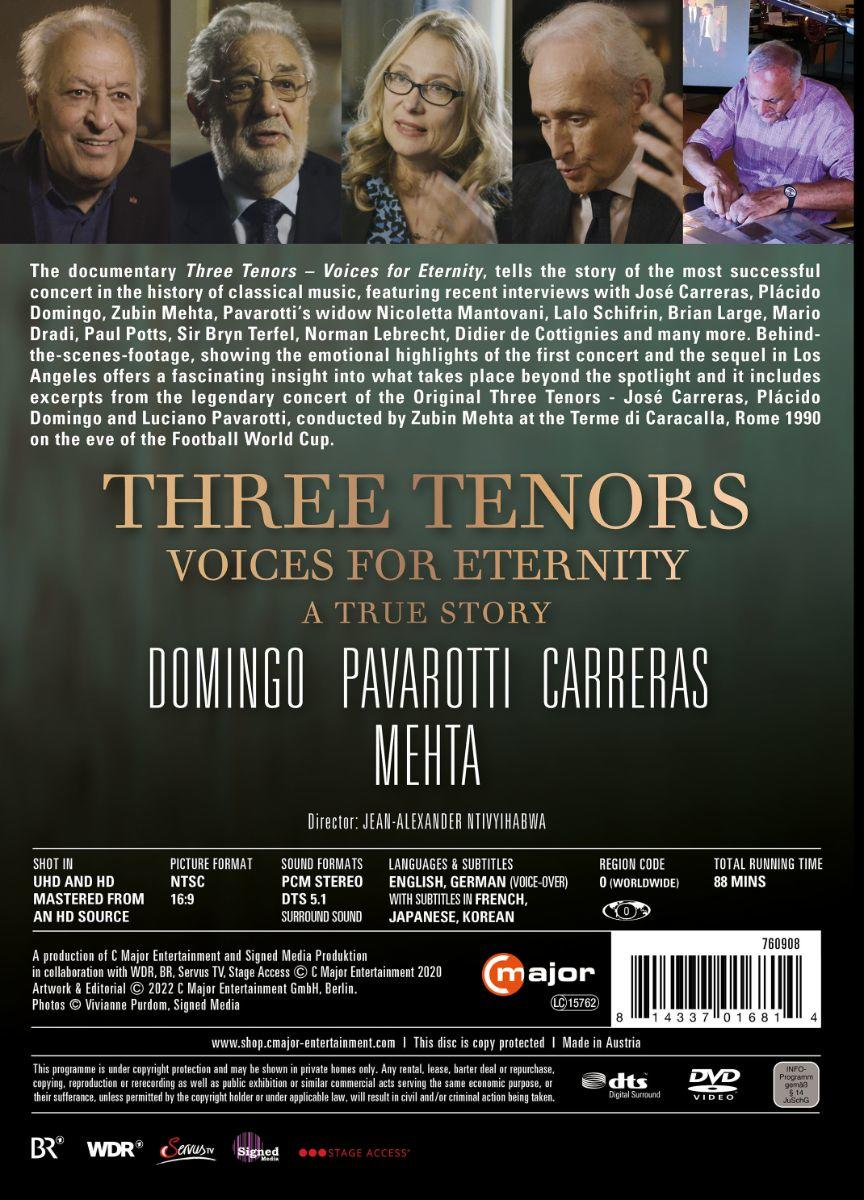 DVD-Hülle. Gesichter von Männern, Text: Three Tenors, Voices for Eternity. DVD-Logo.