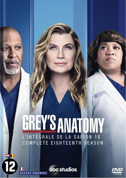 DVD-hoes voor Grey's Anatomy seizoen 18. Drie mensen op de cover. Tekst in het Frans. ABC Studios-logo.