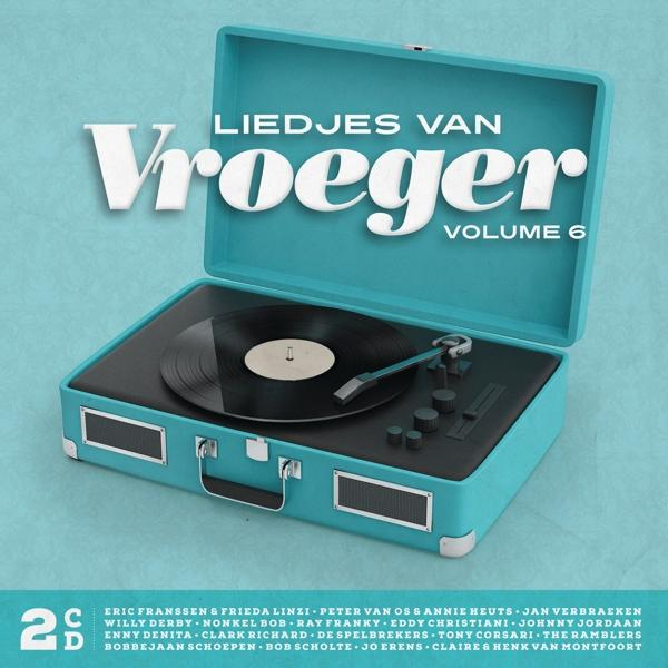 Albumhoes met een blauwe platenspeler in een blauwe koffer. Tekst: 'Liedjes Van Vroeger, Volume 6'.