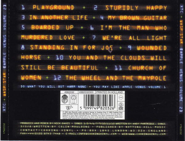 XTC album hátlapja, sárga szöveggel, fekete háttéren, tracklistával és stáblistával.