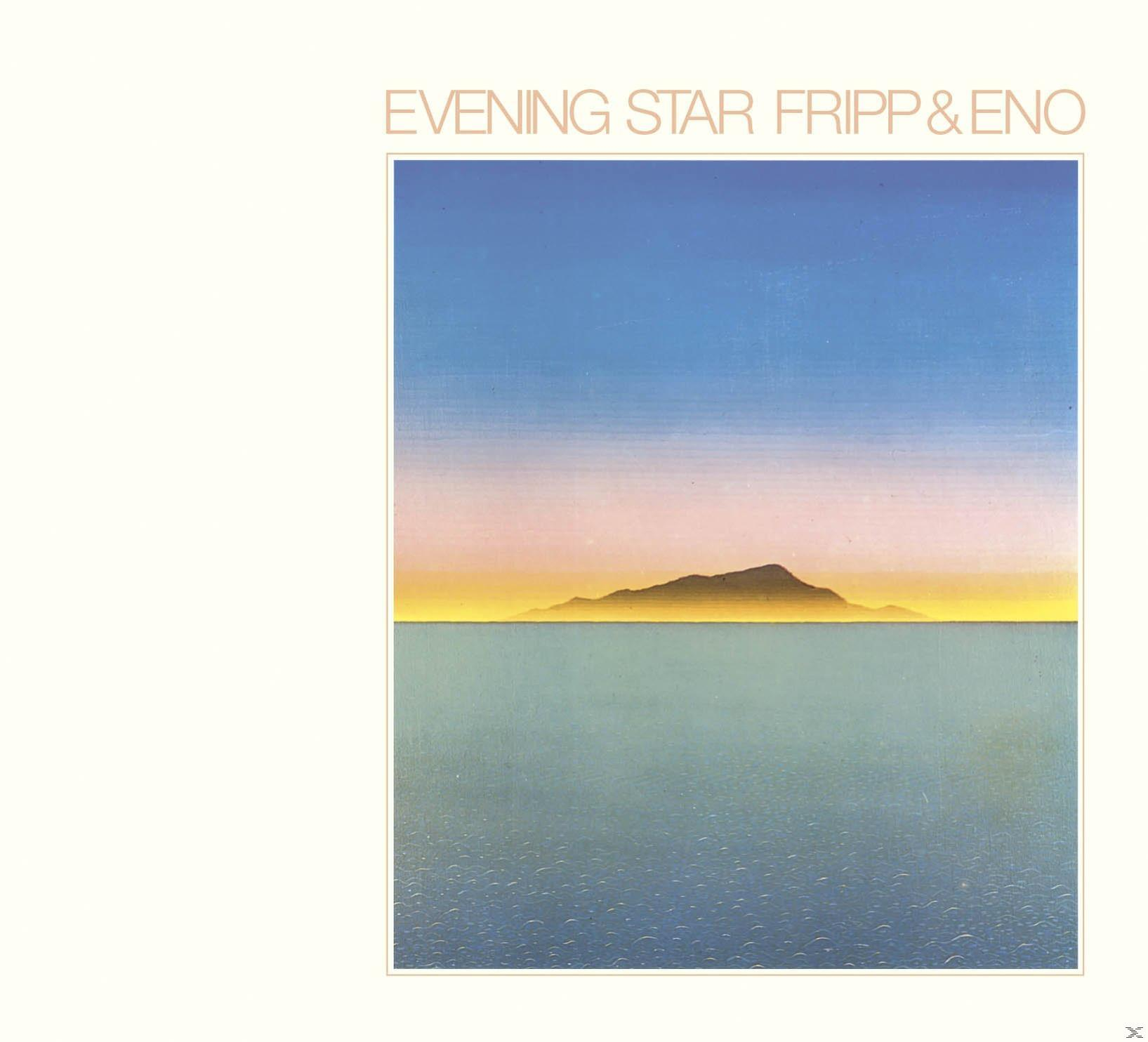 Album borító. Kék tenger, sárga ég és egy sötét hegy. Szöveg: Evening Star Fripp & Eno.
