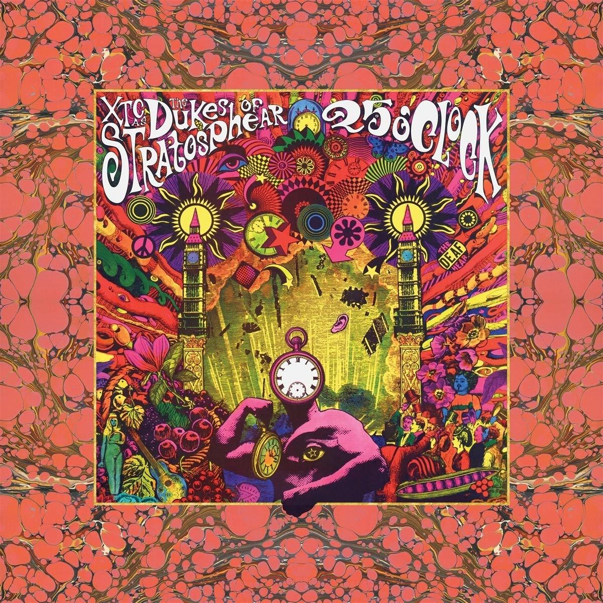 Az XTC Dukes of Stratosphear album borítója. Élénk színek, pszichedelikus stílus. Óralap, torony, virágos elemek és szöveg.