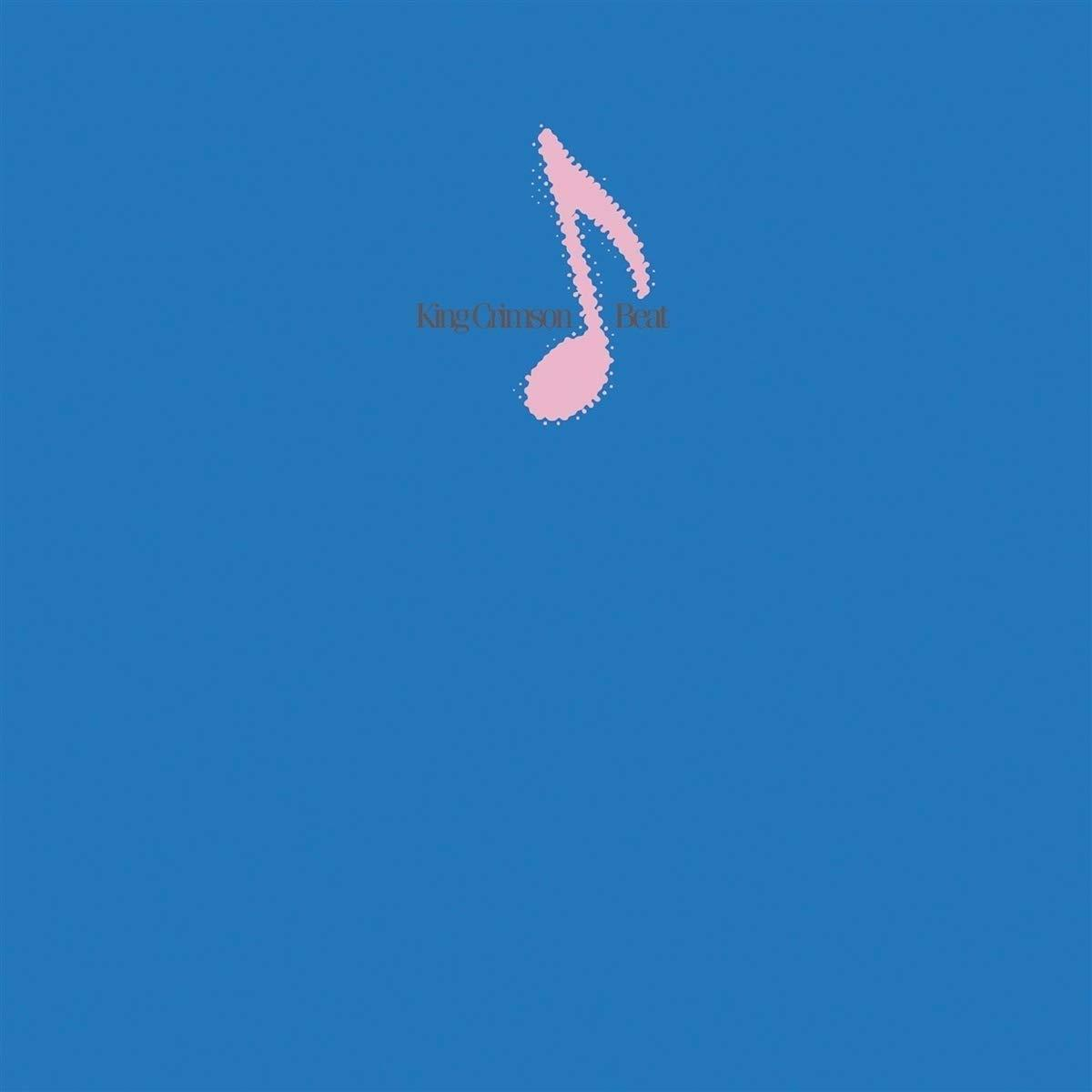 Kék háttér rózsaszín hangjeggyel. A King Crimson Beat szavak a jegy alatt vannak.