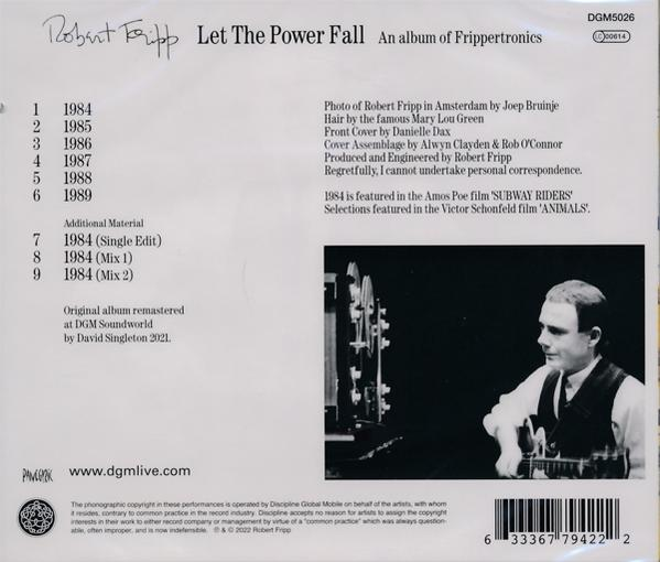 Robert Fripp 'Let The Power Fall' című albumának CD-borítója, a számok listájával és Fripp képével.