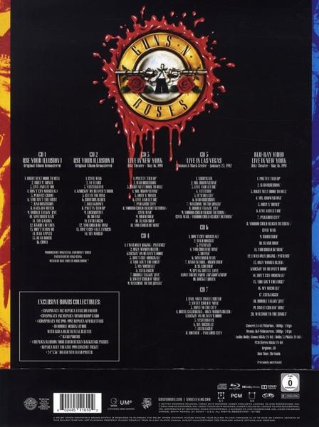 Achterkant van de Guns N' Roses CD-box 'Use Your Illusion I & II' met tracklijsten en bandfoto's.