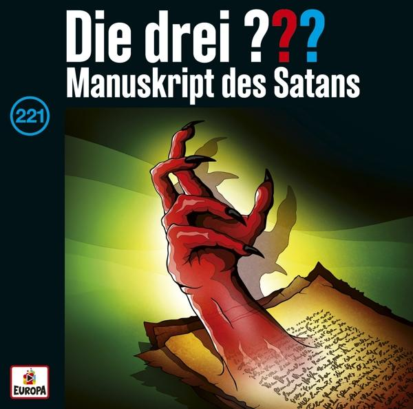 Die drei ???: Manuskript des Satans Buchcover. Eine rote Hand mit Krallen und altem Skript.