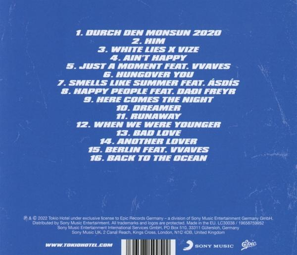 Album-Rückseite mit Titelliste in Weiß auf Blau, sowie Künstler-, Label- und Webseitendetails.