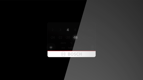 Dijital ekranlı siyah bir buzdolabı kapısı. Rakamları ve Bosch logosunu gösterir.