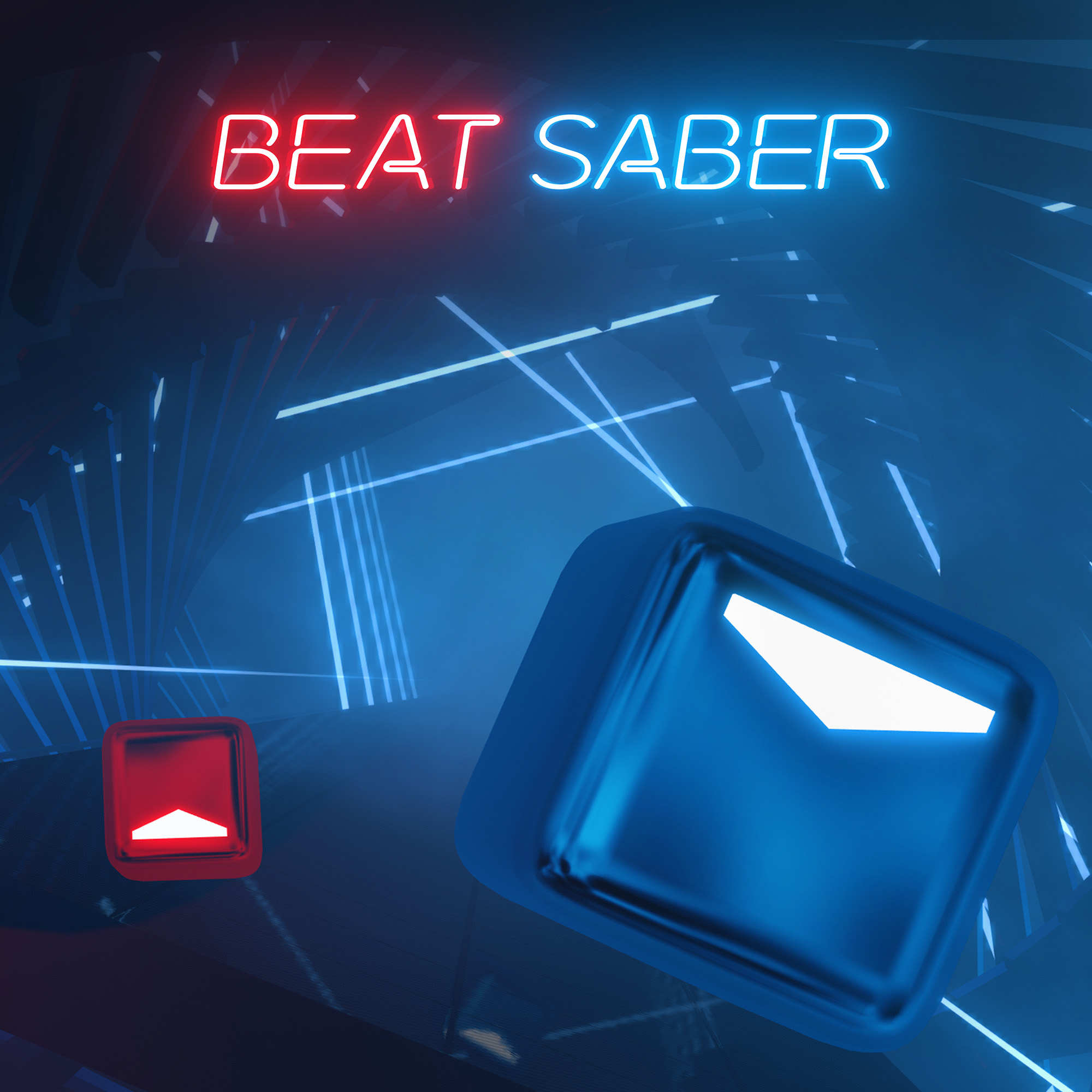 Escena del juego Beat Saber. Cubos rojos y azules con texto y fondo de neón. Diseño abstracto.